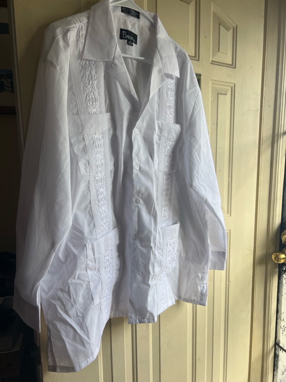 Omega White Embroidered Guayabera-Style Shirt